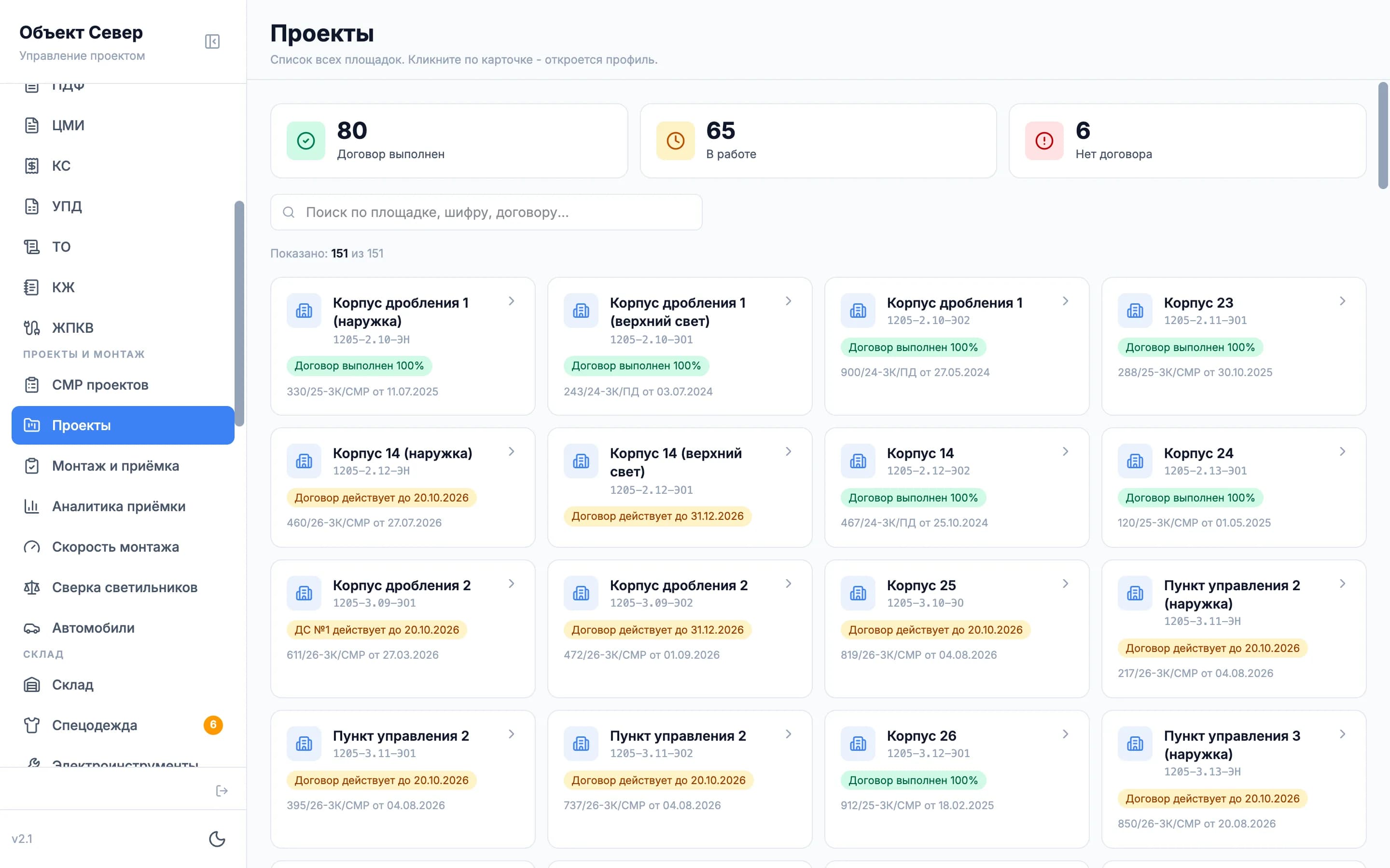 Project list: each site has a code, contract number and term, and completion status. A summary on top shows how many contracts are completed, in progress or missing.